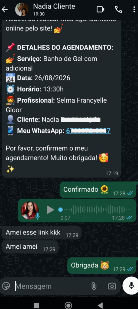 Comprovante de Agendamento Real no WhatsApp da Cliente Nadia